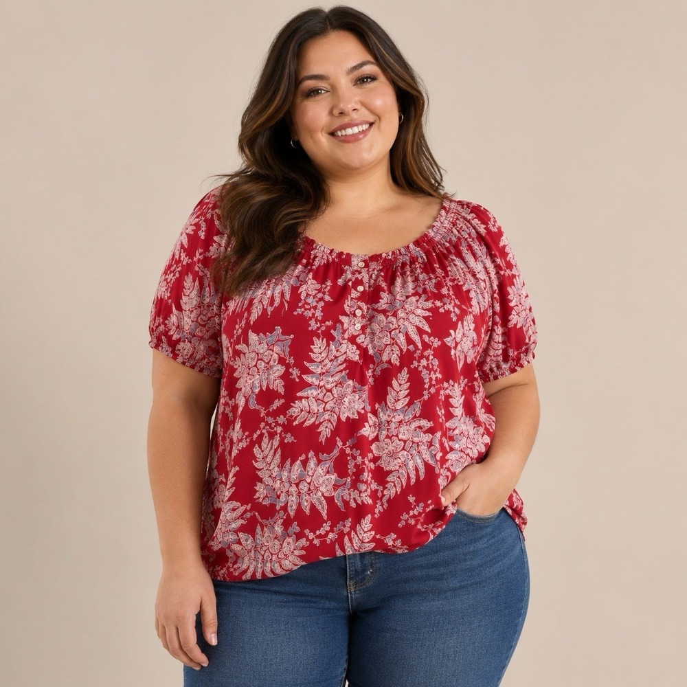 Chaps Womens Red Peasant Top Blouse 2x Cotton Modal Boho Western Casual Comfort